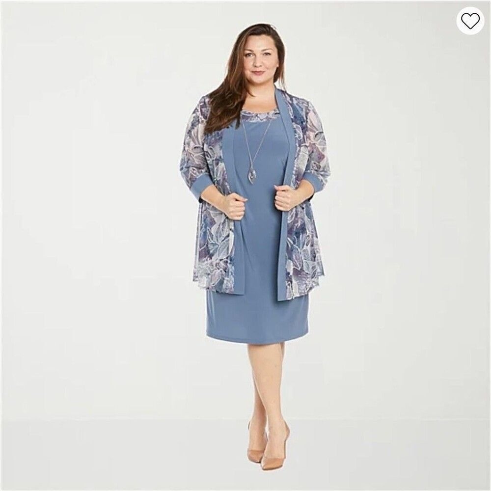 R&M Richards 20W 2 Piece Jacket Dress Set Steel Blue Floral NWT Formal